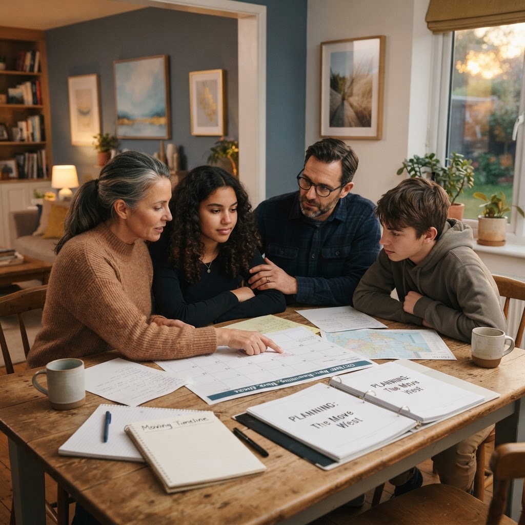 Family sitting together around a table with documents and a calendar discussing a major life change in warm slate blue and warm gold tones with soft evening light