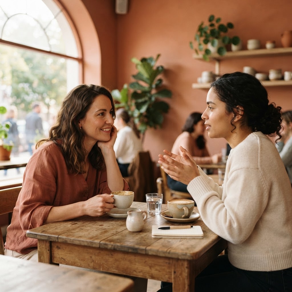 Two people having a respectful conversation across a café table with coffee cups in warm terracotta and cream tones with soft afternoon light