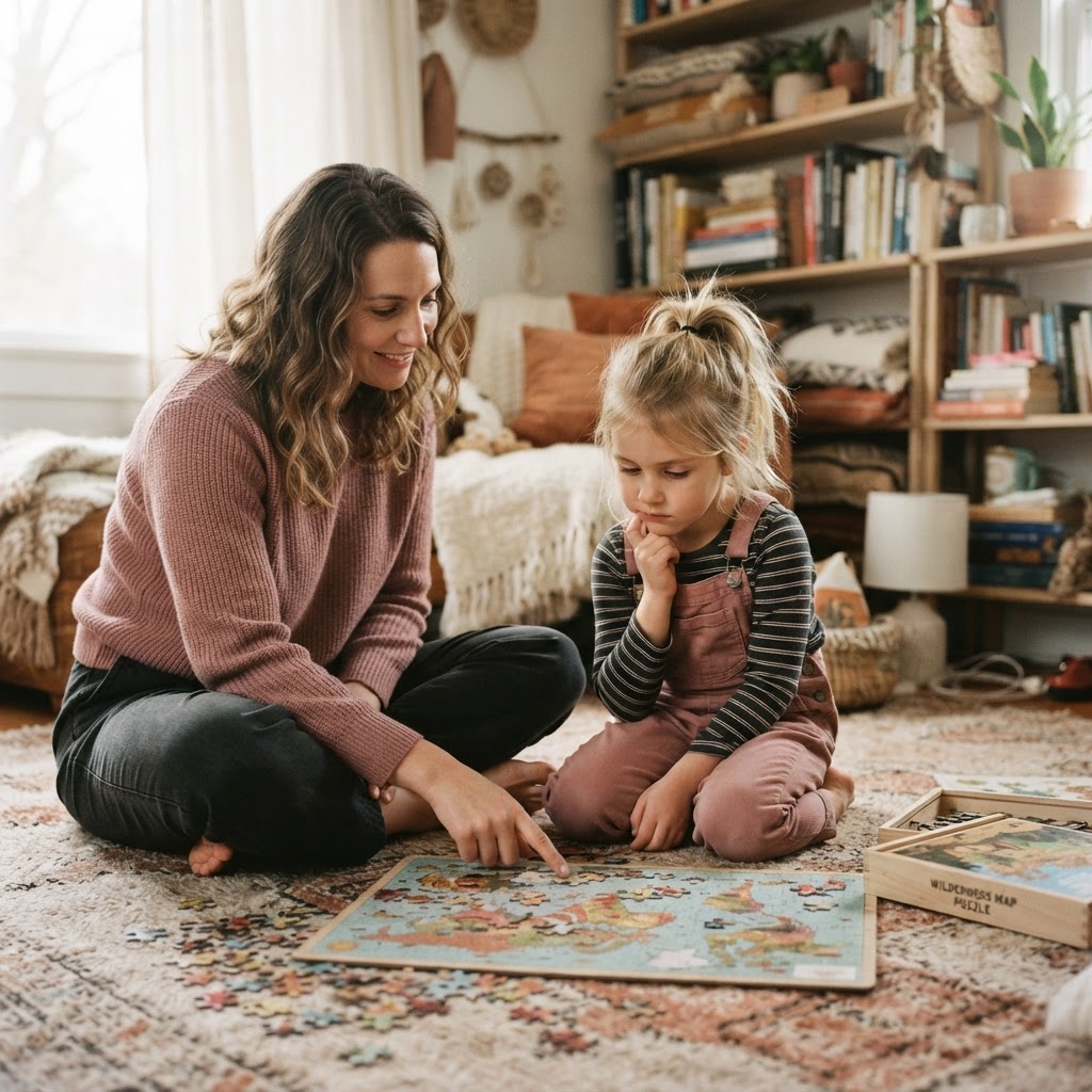 Parent and child sitting together on the floor working through a puzzle in warm dusty rose and charcoal tones with soft afternoon light