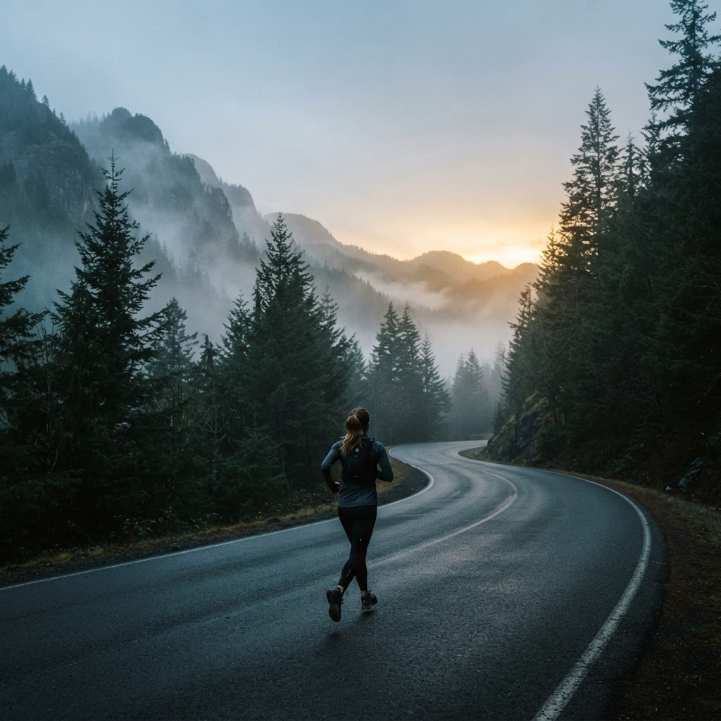 A lone runner on a misty mountain road at dawn, surrounded by evergreen trees with soft mist