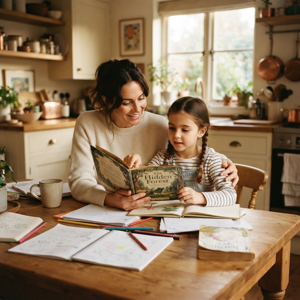 Parent and child reading together at a kitchen table with books and notebooks in warm amber and cream tones with soft afternoon light