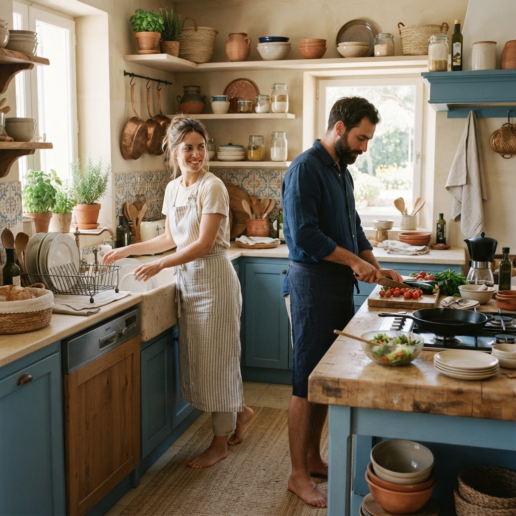 Two parents in a kitchen dividing household tasks with one loading dishes and the other preparing food in warm Mediterranean blue and sand tones with bright morning light