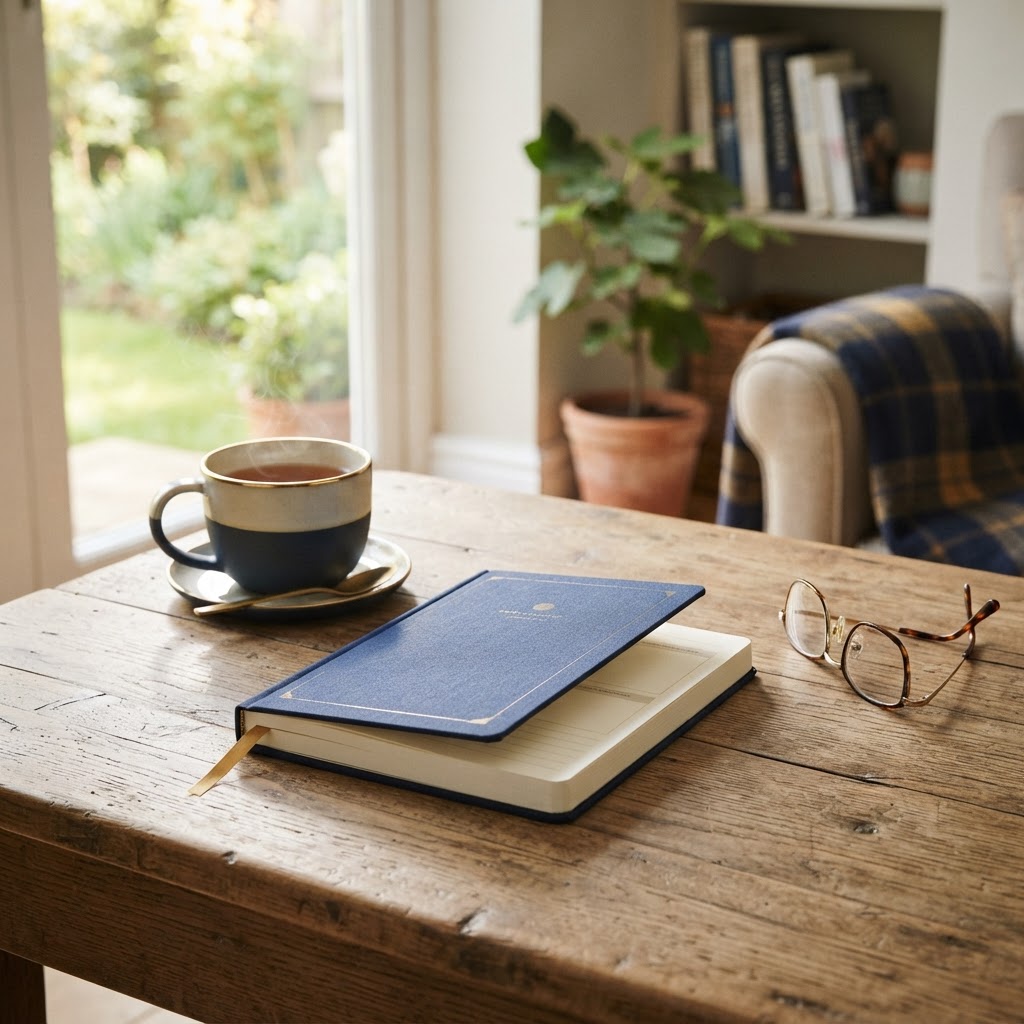Retirement planning journal on a wooden table with a cup of tea and a pair of reading glasses in warm navy and gold tones with soft morning light