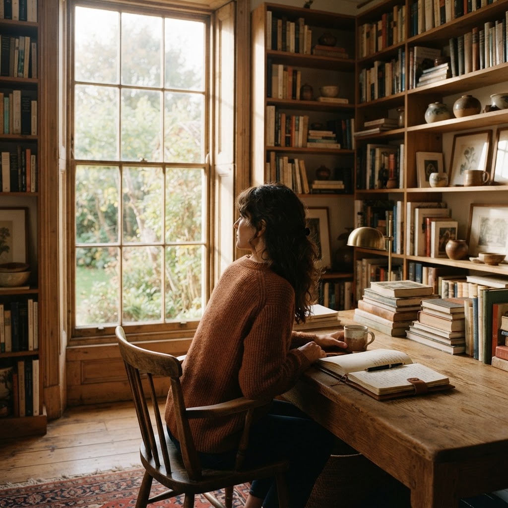 Person at a wooden desk in a sunlit study looking thoughtfully out a tall window with stacks of books and a leather journal in warm amber tones