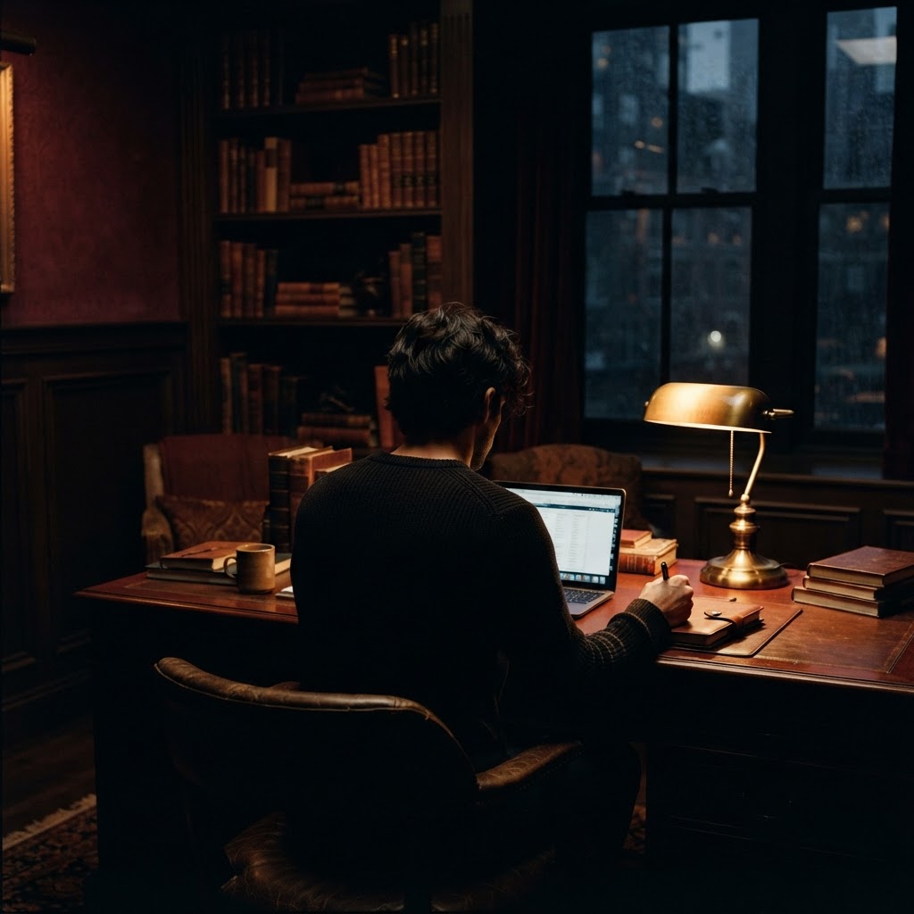 Person's silhouette from behind sitting at a desk in a dim room with a single warm lamp in deep burgundy and amber tones with dramatic lighting