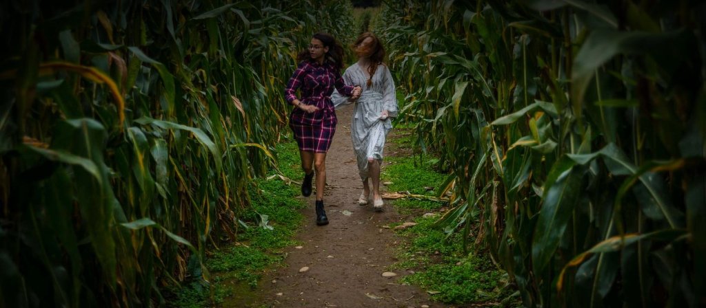 Due donne che corrono nel labirinto di mais di notte