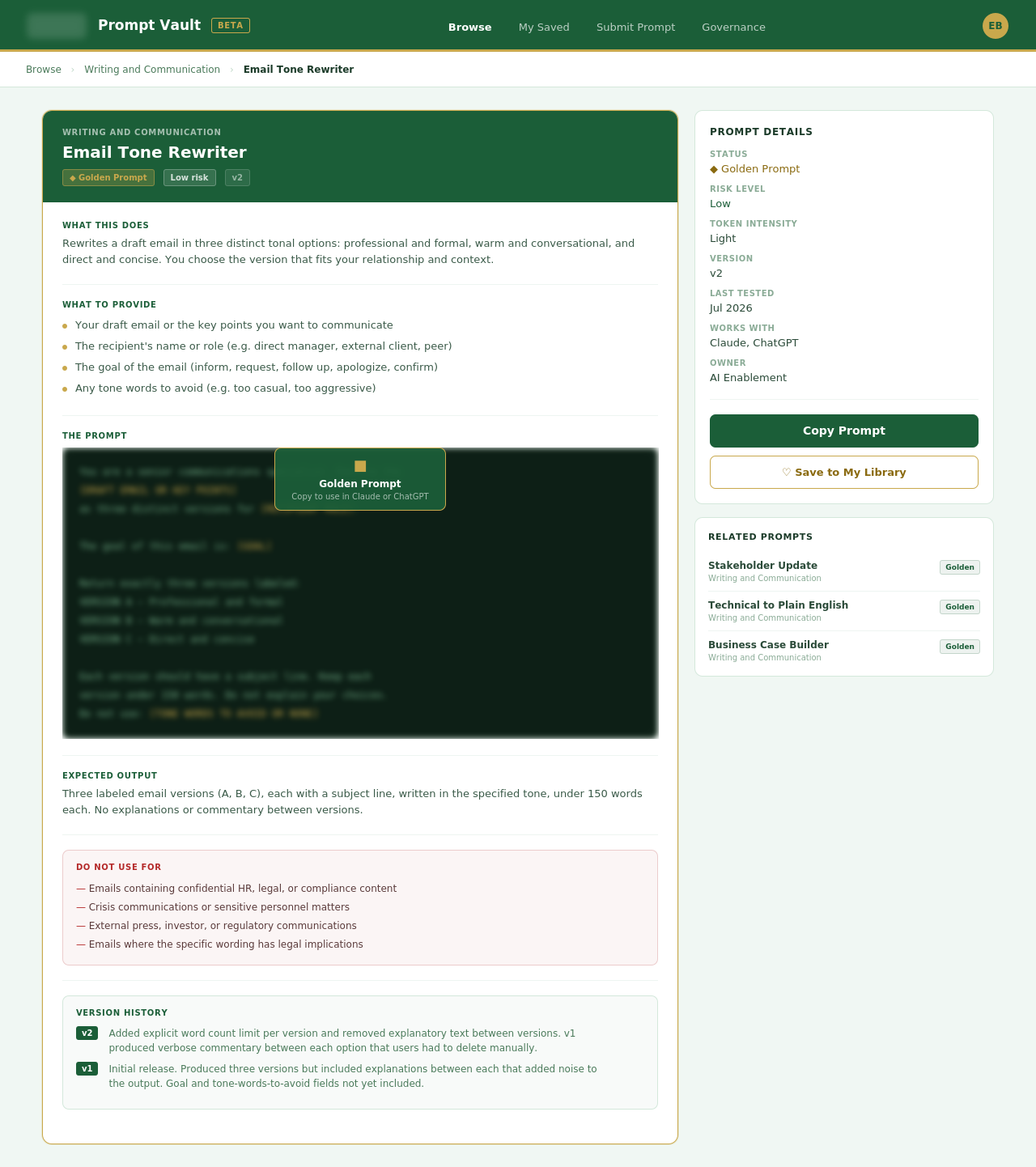 Prompt detail page for Email Tone Rewriter showing the full card structure with the golden prompt content gated