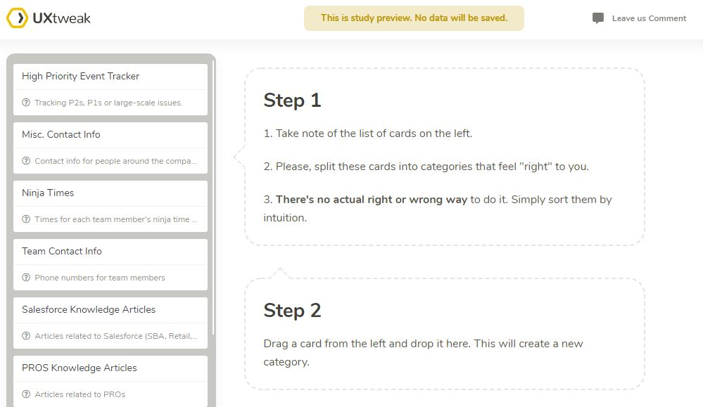 Card sort setup in UXtweak, showing the card list participants sorted.