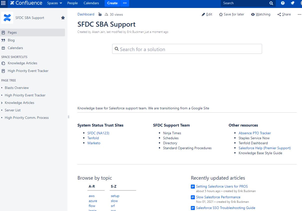 SFDC SBA Support Confluence space after restructuring