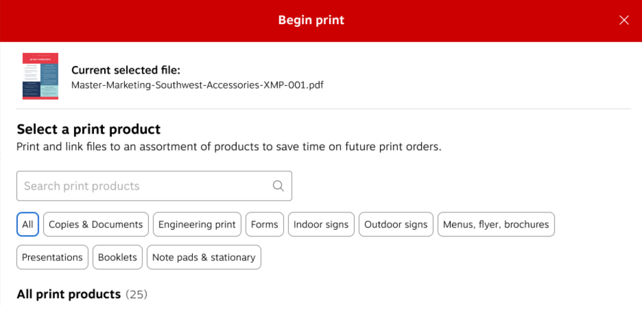 The shipped Begin Print screen with the tested and recommended placeholder text in place.