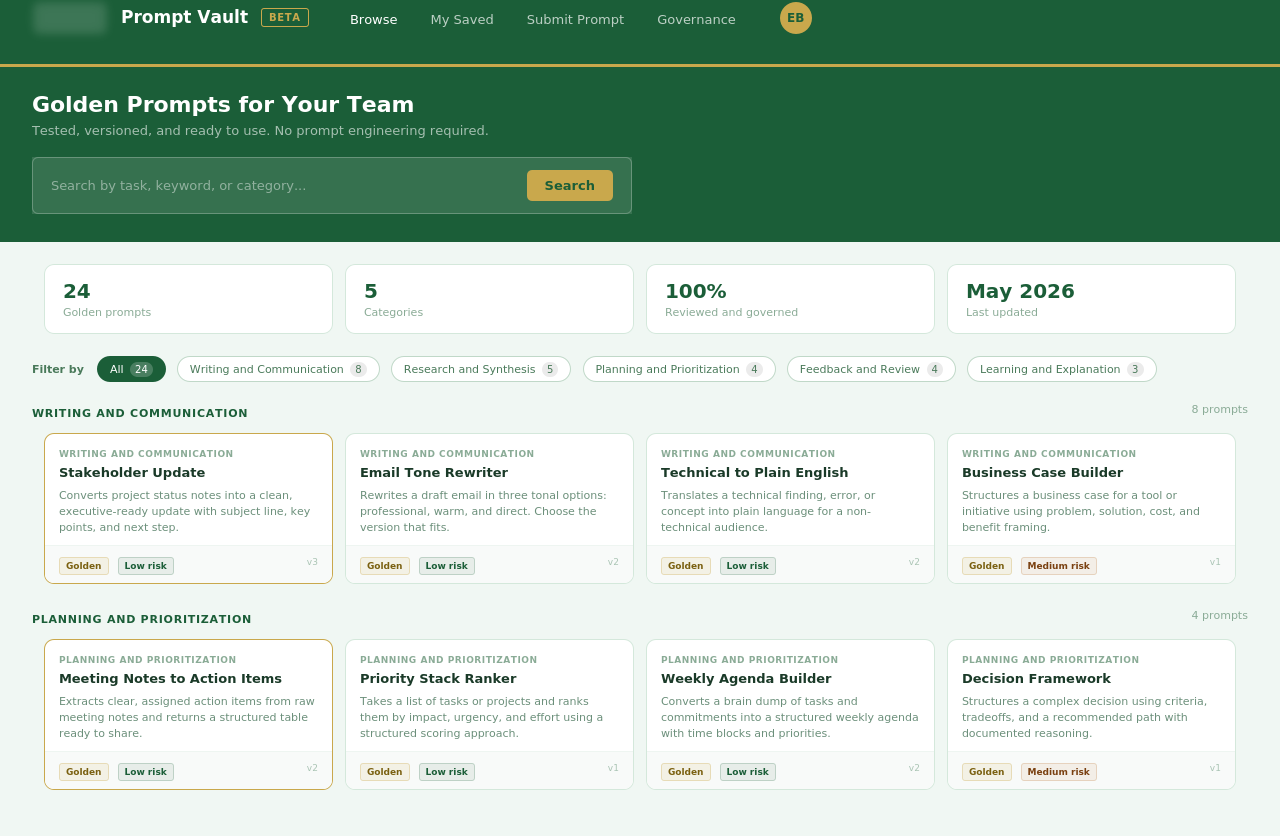 Browse interface showing the full prompt catalog with category filters, stats dashboard, and card grid