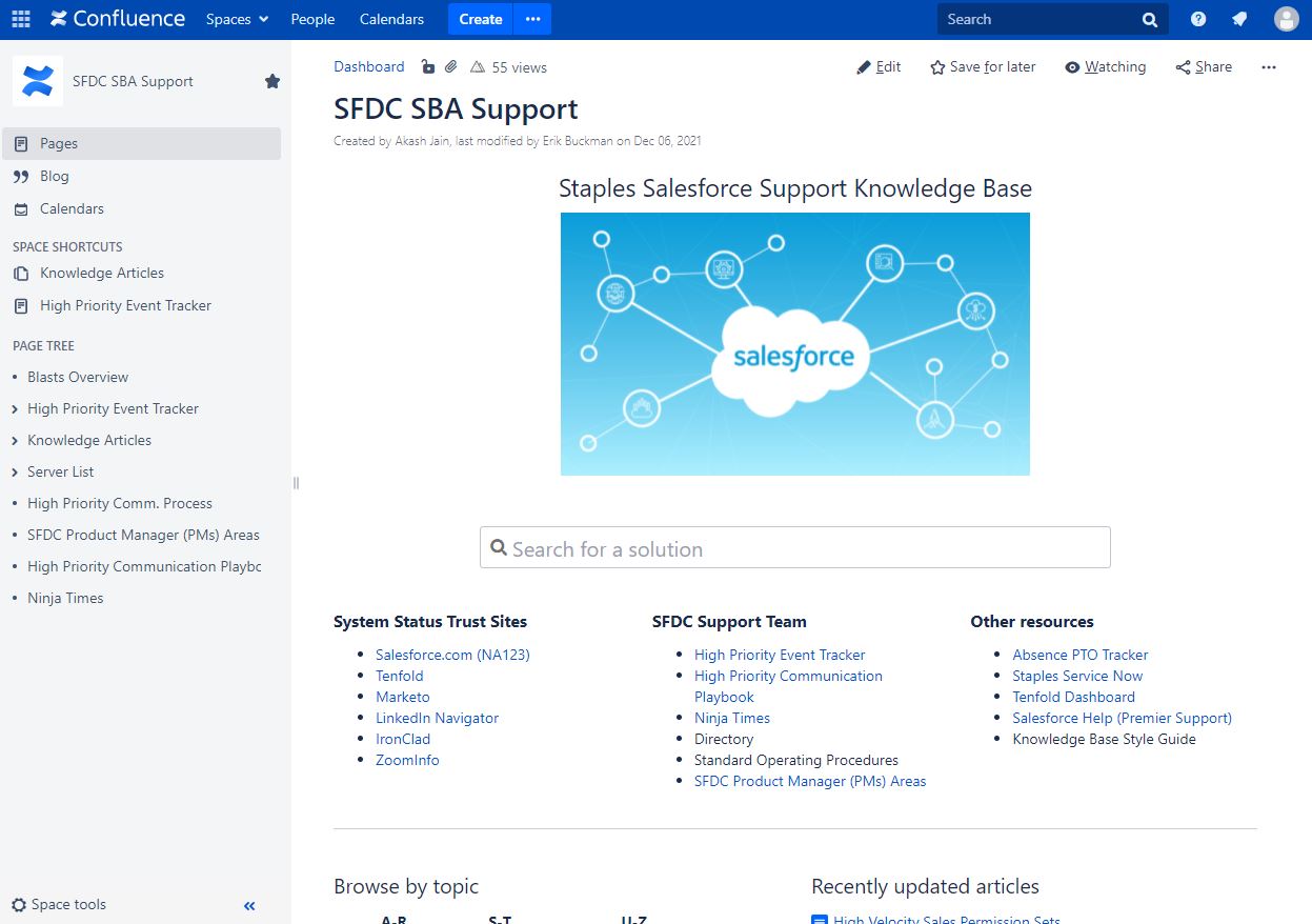 SFDC SBA Support Confluence space before restructuring