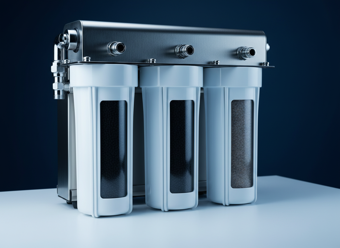 Multi-stage whole-home water filtration system with carbon and sediment filters