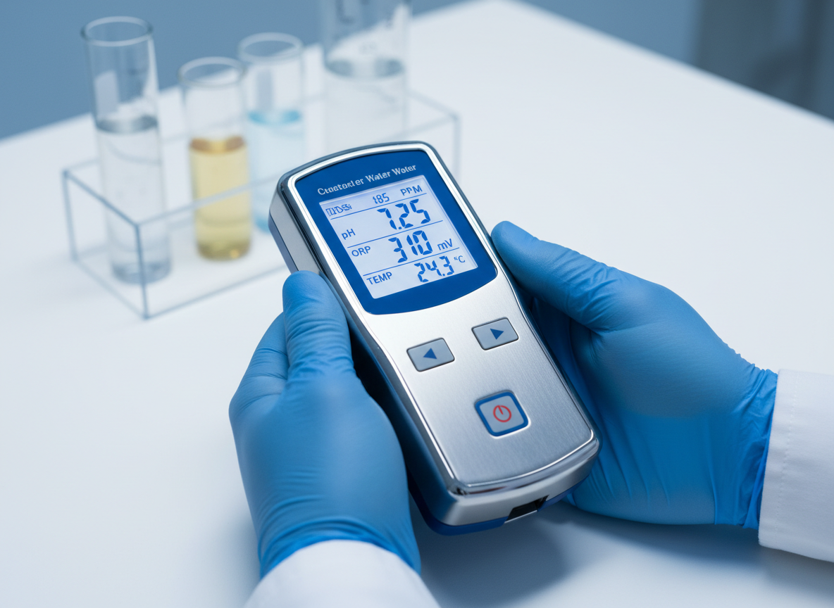 Water quality testing with professional digital meter and sample vials