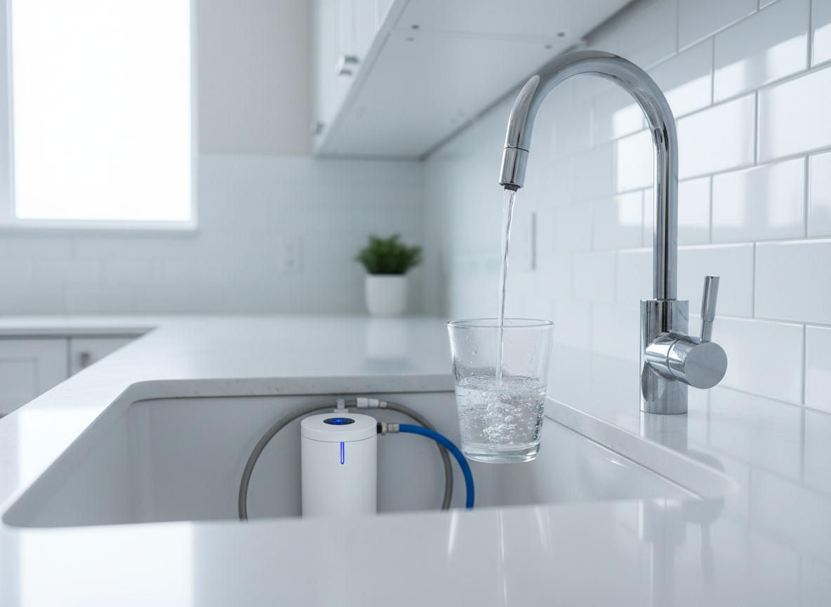 Modern under-sink reverse osmosis faucet dispensing pure drinking water
