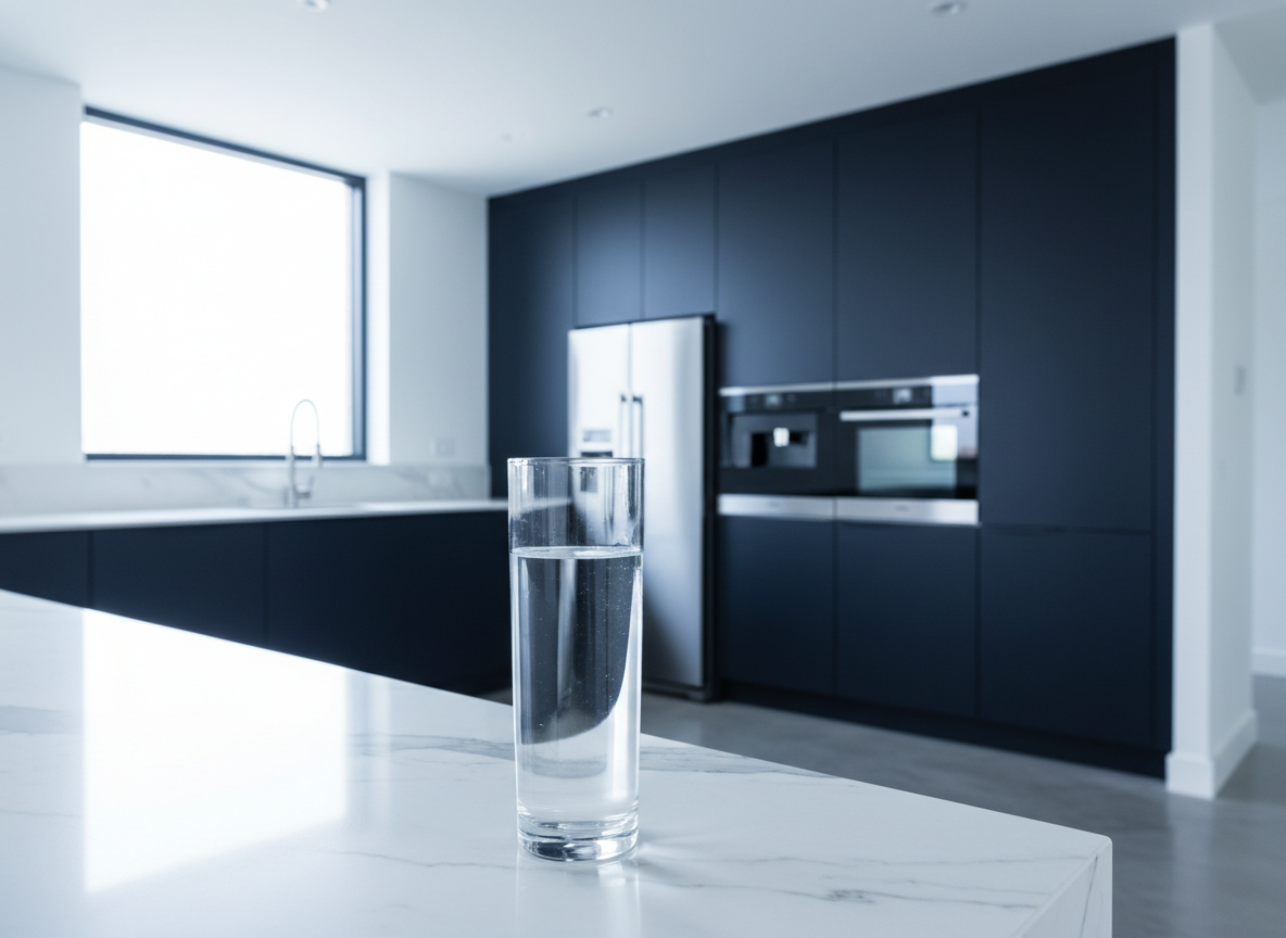 Crystal clear glass of purified water on marble countertop