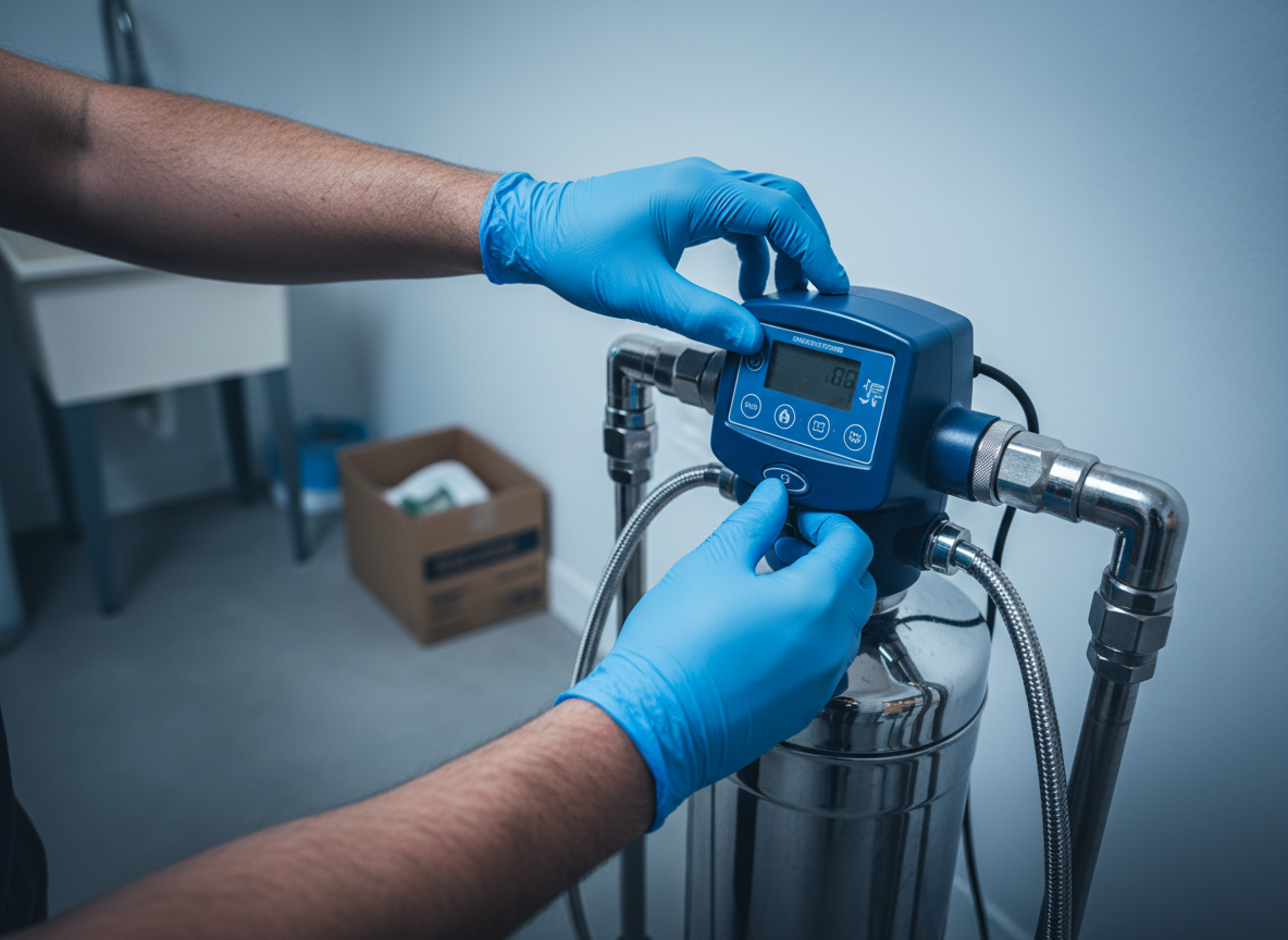 Technician servicing a water softener control valve