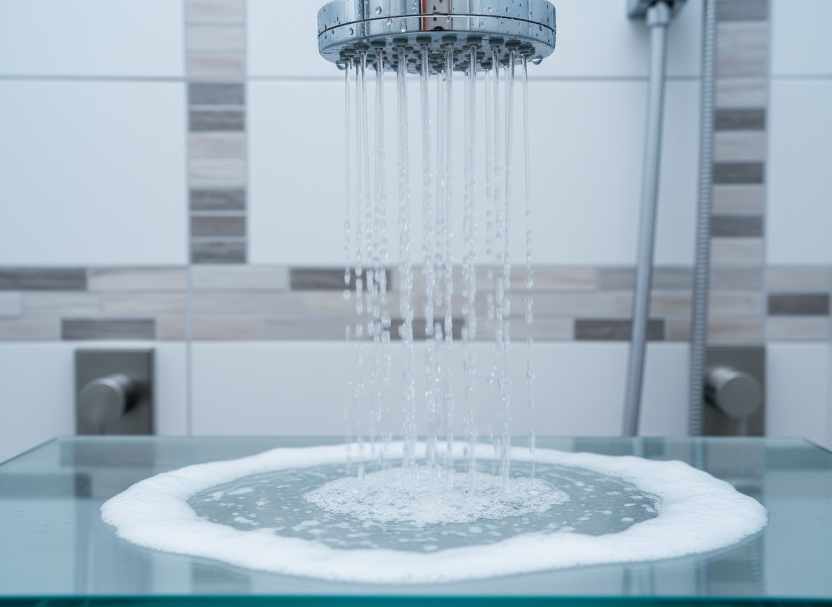 Silky smooth water flowing from a pristine chrome showerhead
