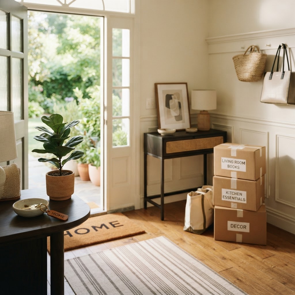 A freshly set up new home entryway on moving day