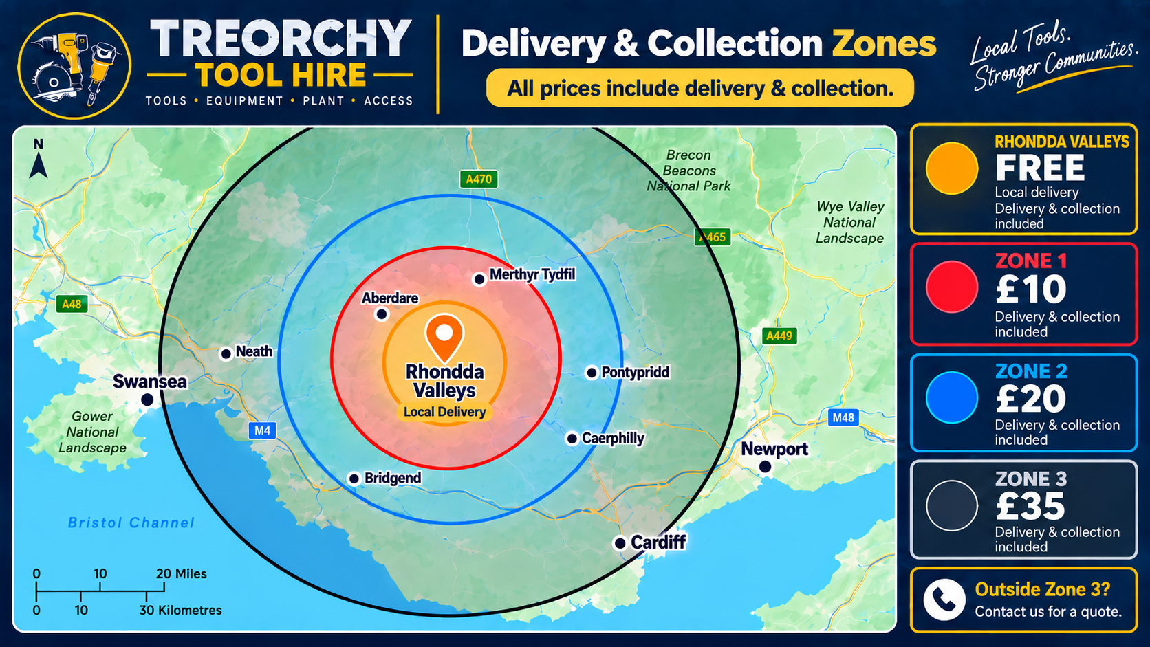 Treorchy Tool Hire delivery and collection zones map - free local delivery in the Rhondda Valleys, Zone 1 £10, Zone 2 £20, Zone 3 £35