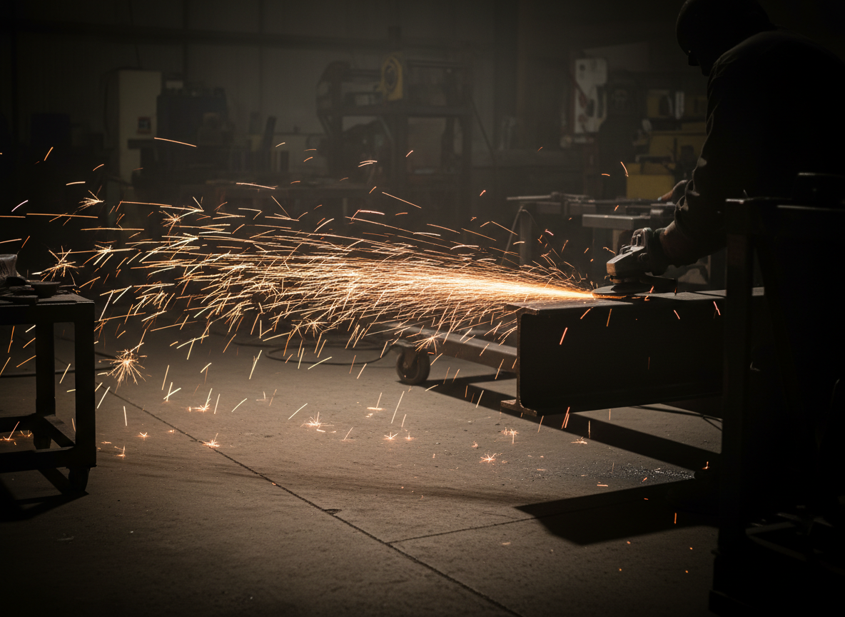 Sparks flying from steel cutting in dark workshop