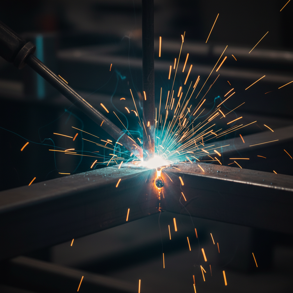 Close-up of welding arc melting steel with sparks flying in dark workshop