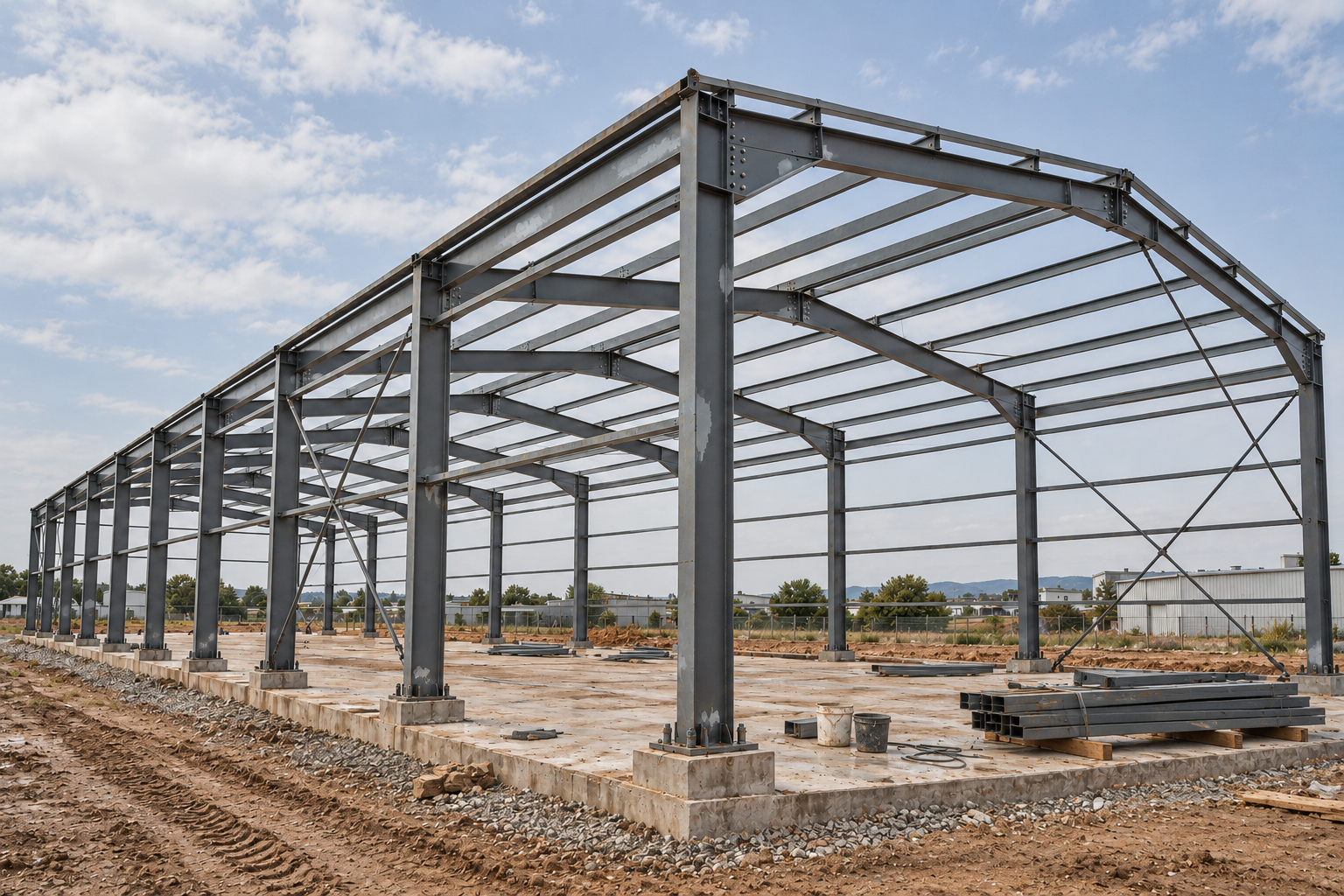 Steel warehouse structure under construction at a dusty worksite