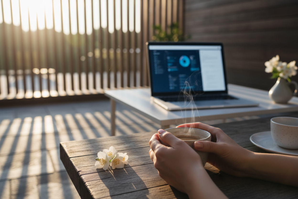 Business owner relaxing with coffee while dashboard runs in background