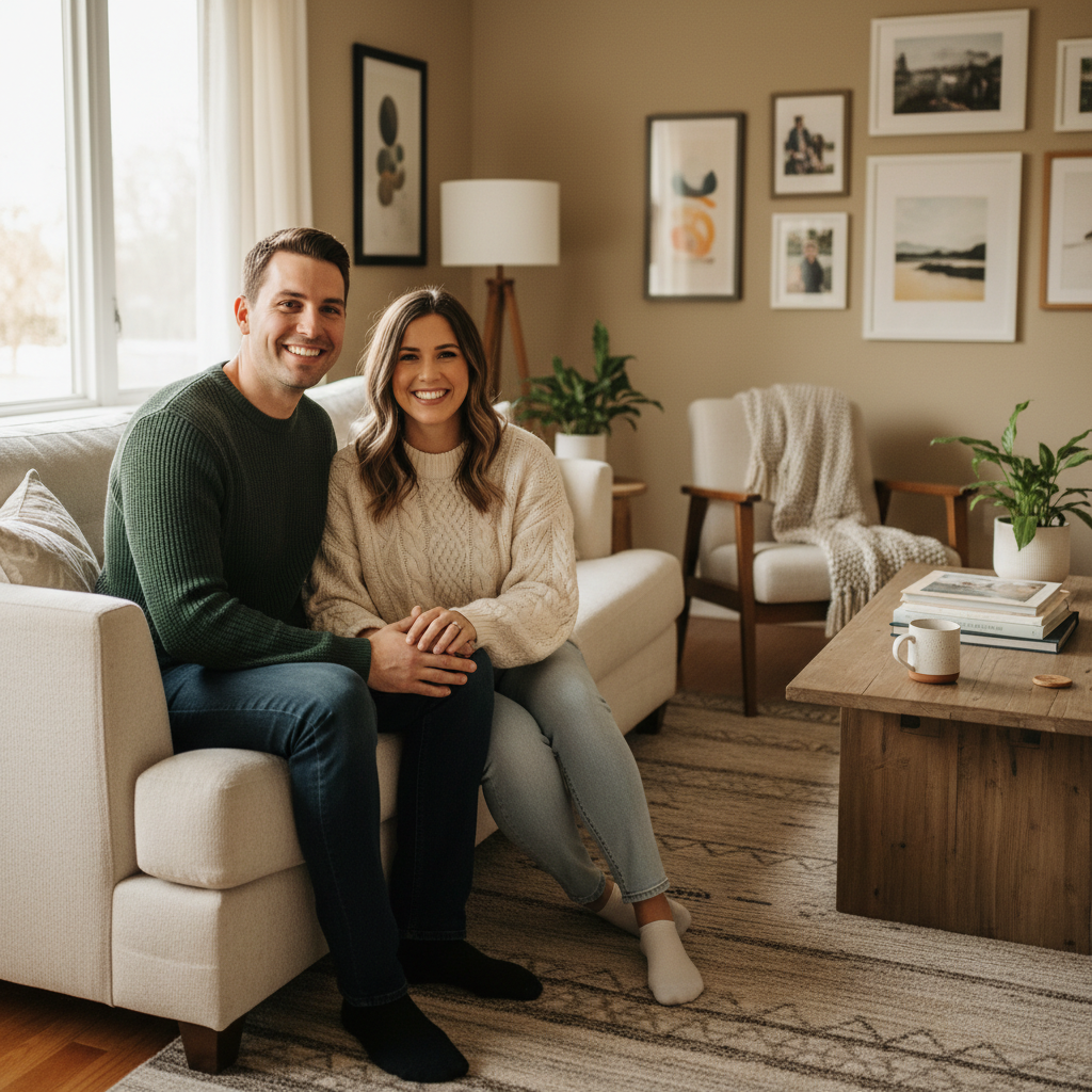 Engaged couple sitting together on a sofa