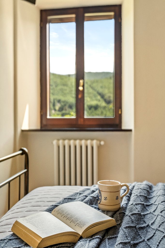 Bedroom with iron bed and countryside view