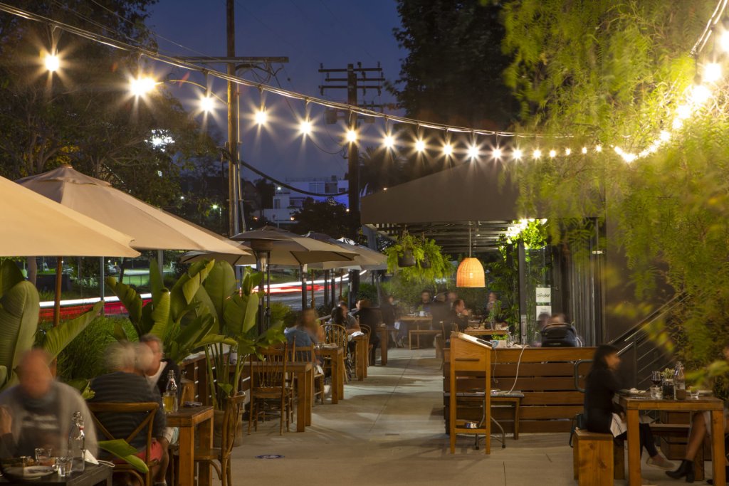 The Cloverfield outdoor patio at golden hour in Santa Monica