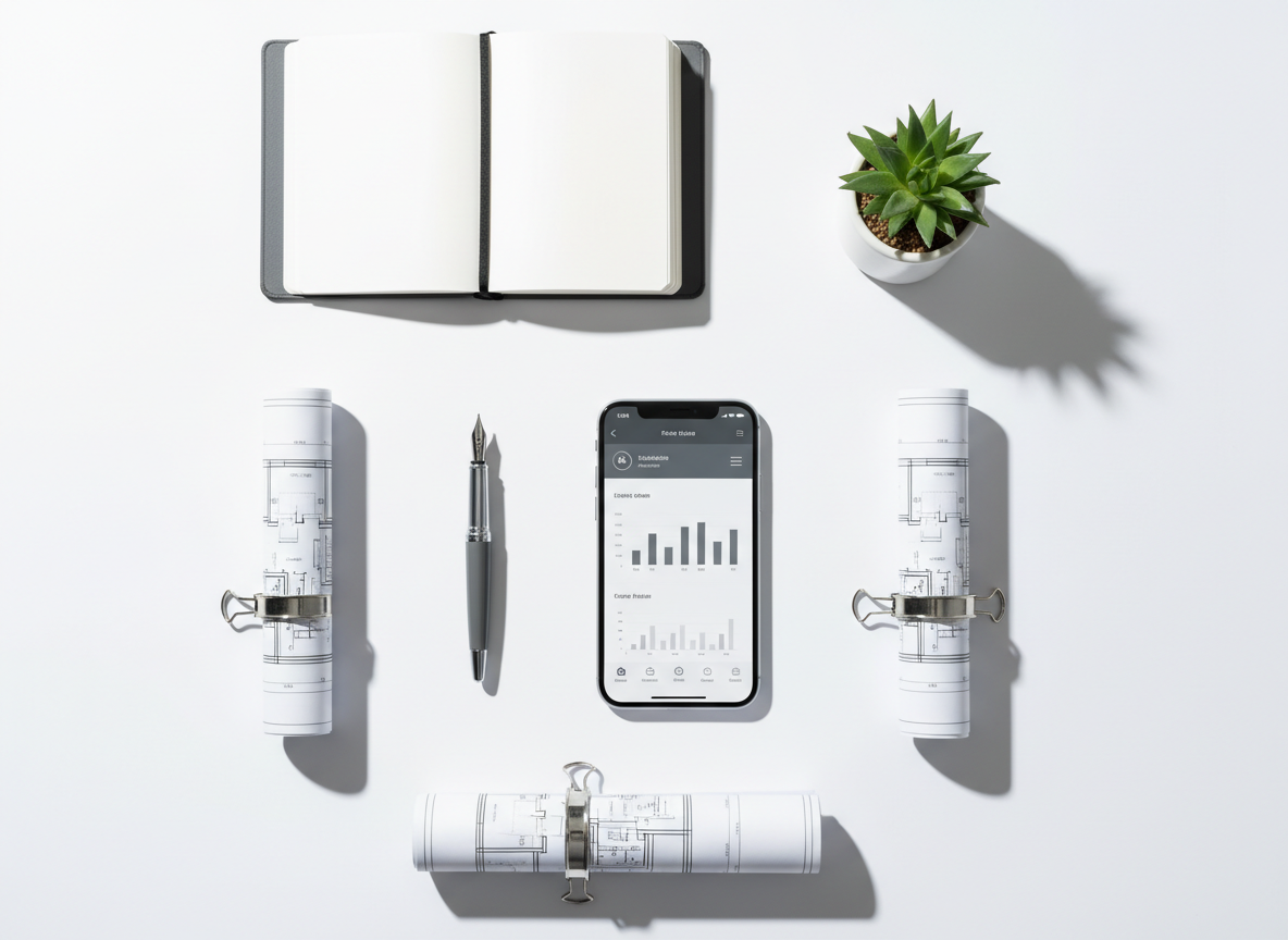 Pristine business workspace with fountain pen, smartphone, and architectural blueprints arranged in geometric precision