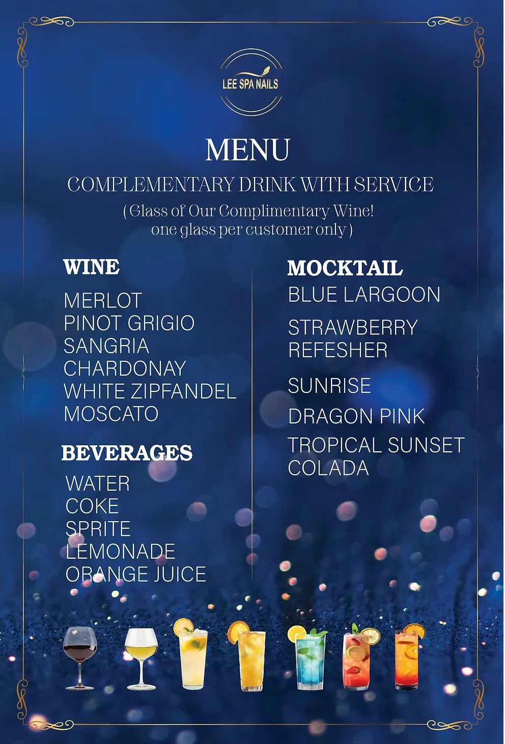 Lee Spa Nails complimentary drink menu - Wine, Mocktails and Beverages