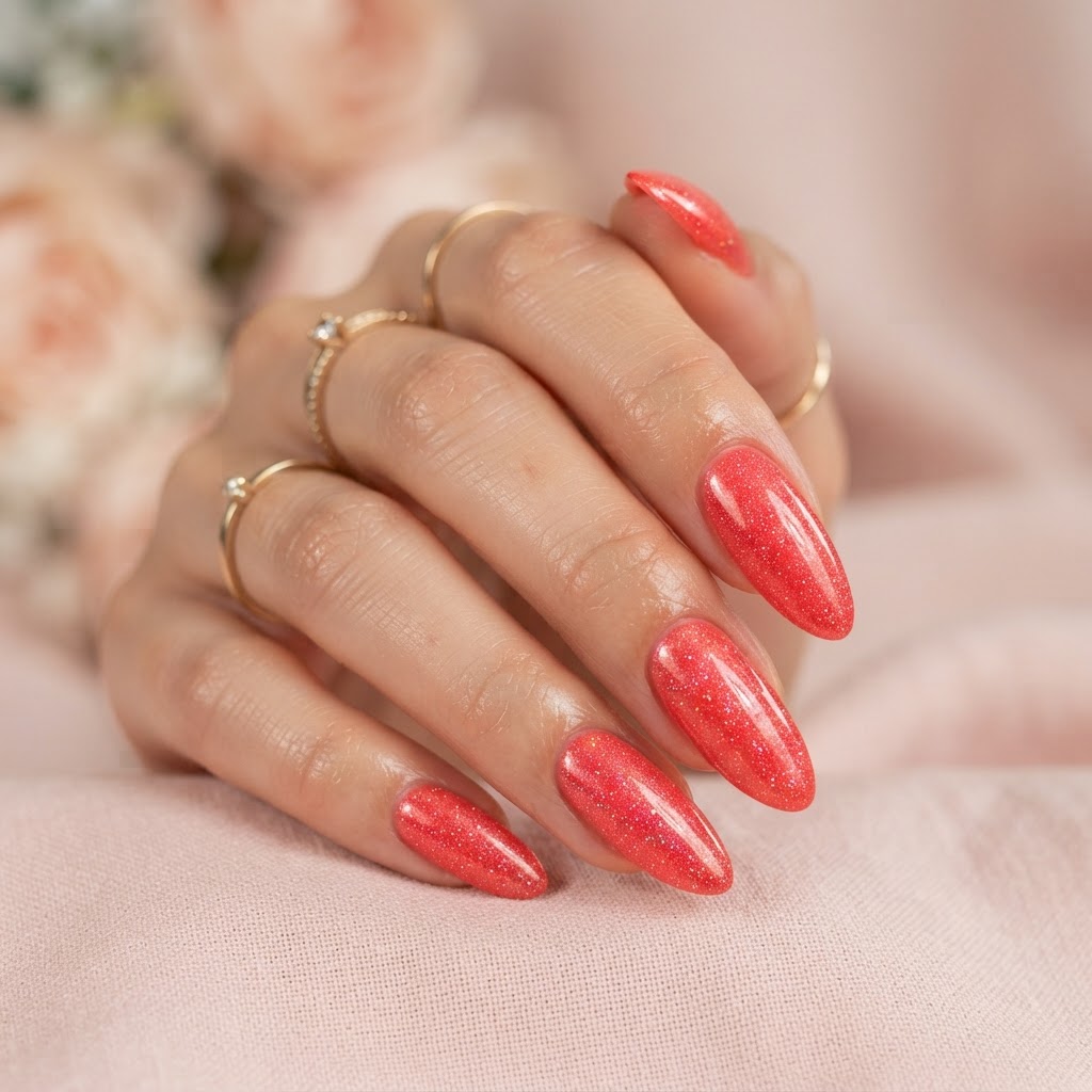 Coral-red glitter almond nails