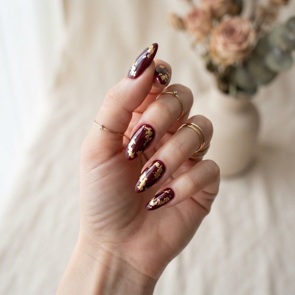 Burgundy almond nails with gold foil