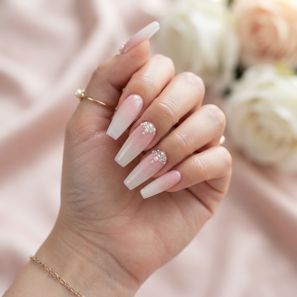 Pink ombre coffin nails with pearl accents