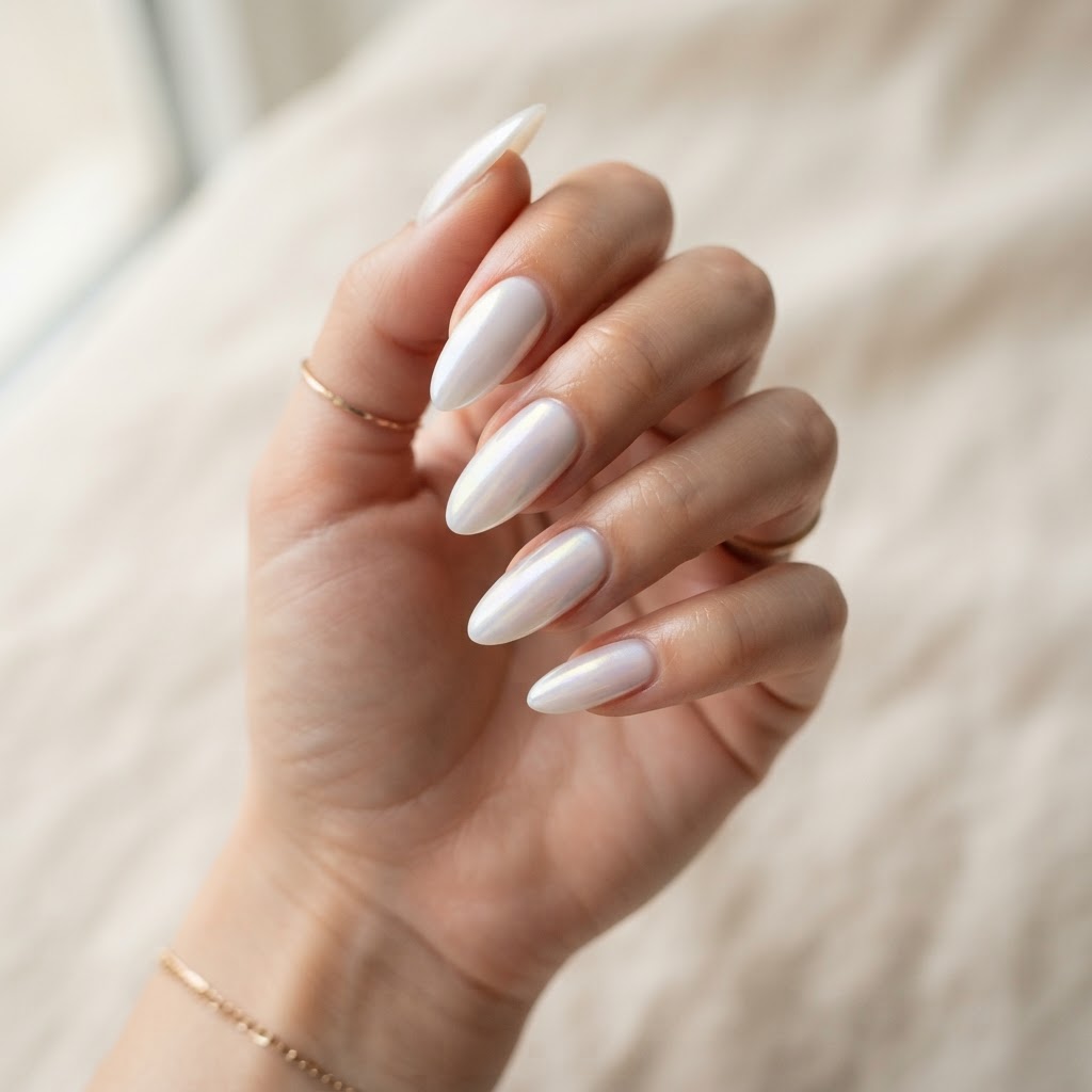 Milky white glazed chrome nails