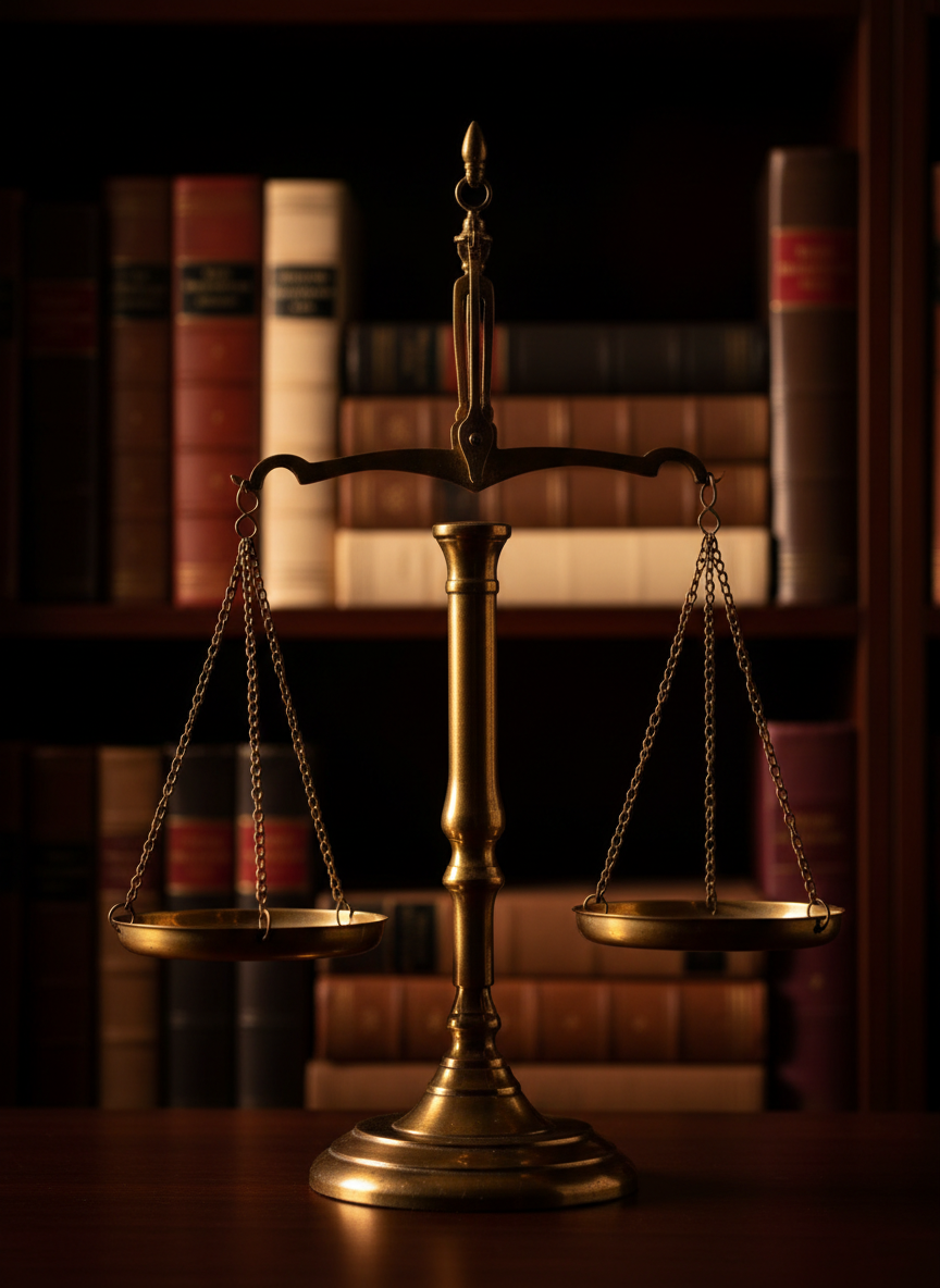 Balança da justiça com livros jurídicos