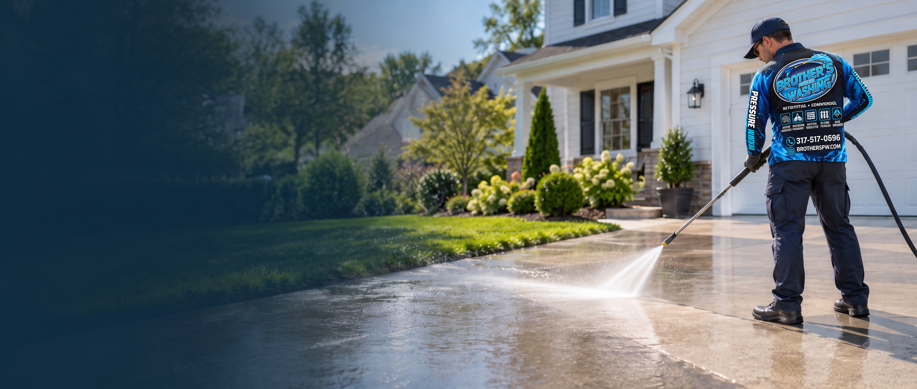 Professional pressure washing a home driveway