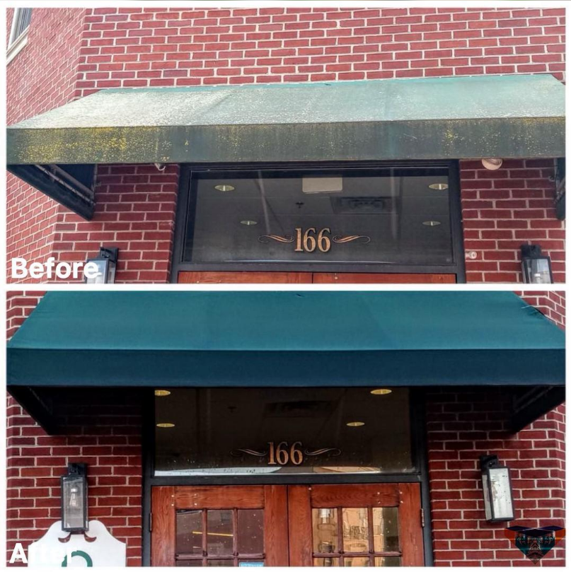 Storefront awning before and after cleaning