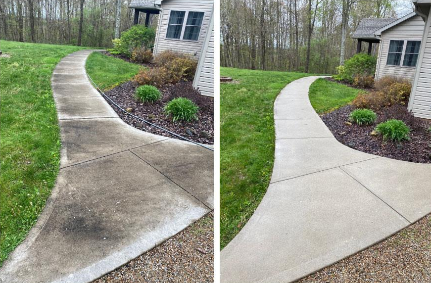 Concrete walkway before and after cleaning
