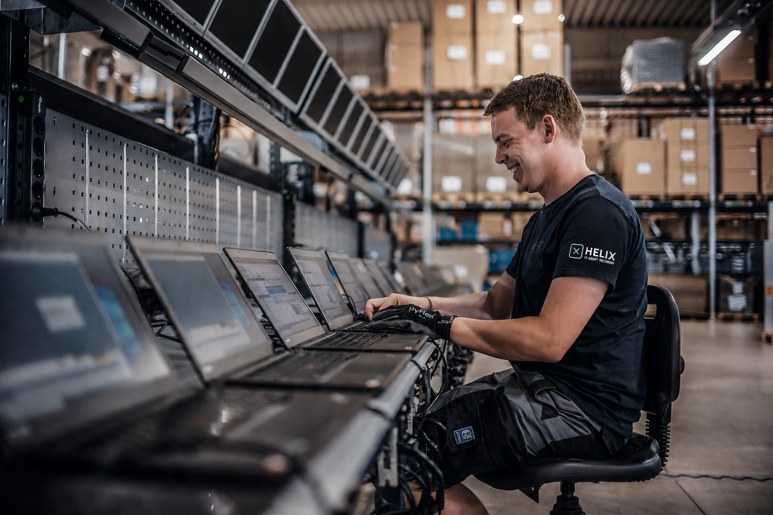 Technician inspecting server blade under focused spotlight in clean processing facility