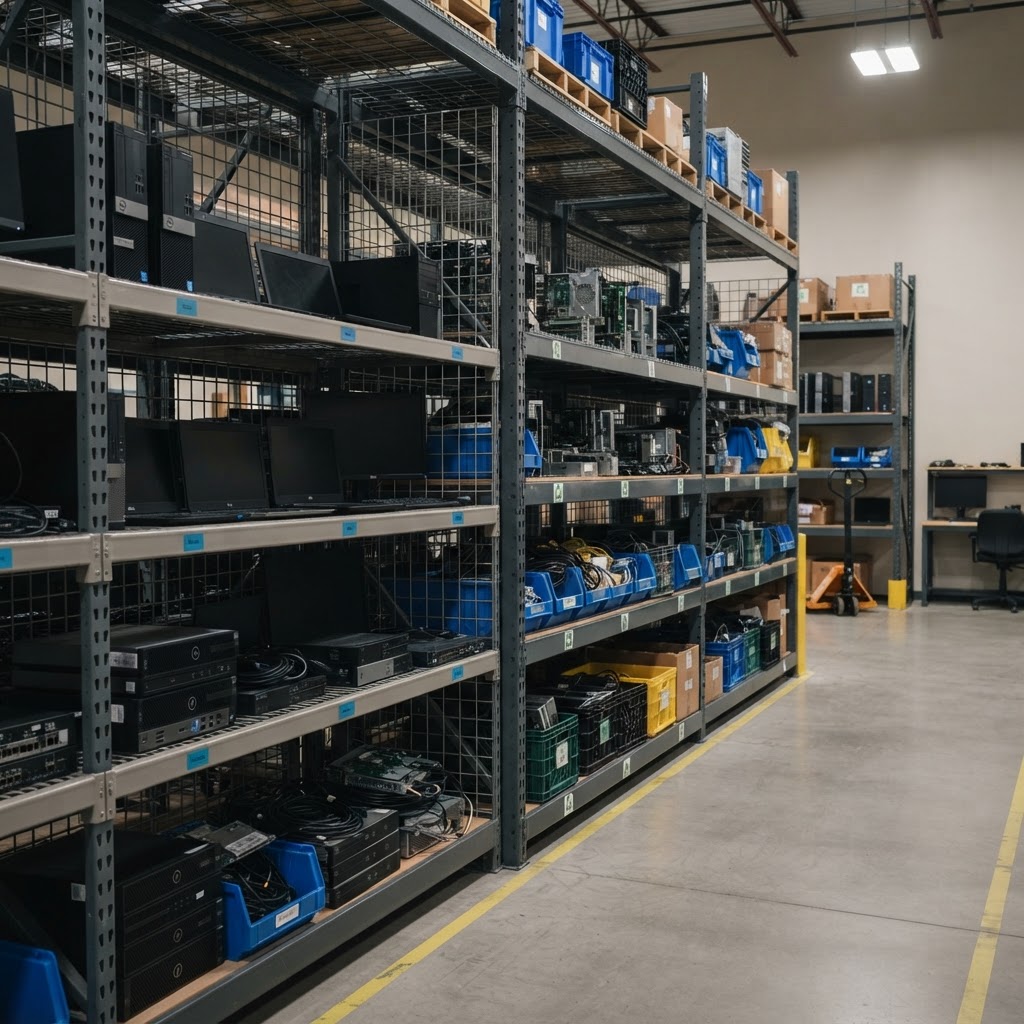 A warehouse with sorted IT equipment, some marked for reuse and some for recycling