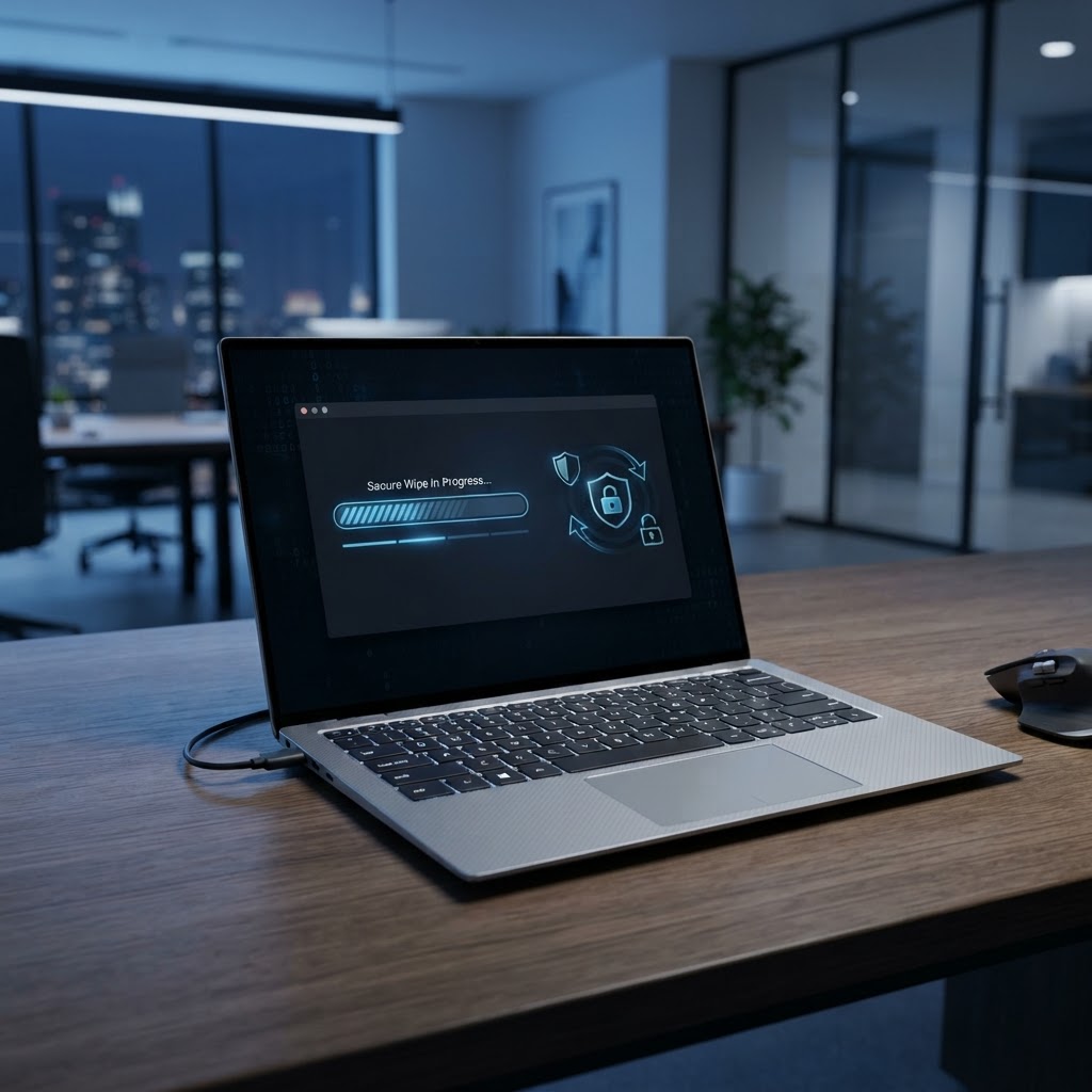 An open laptop on a desk representing secure data wiping before disposal
