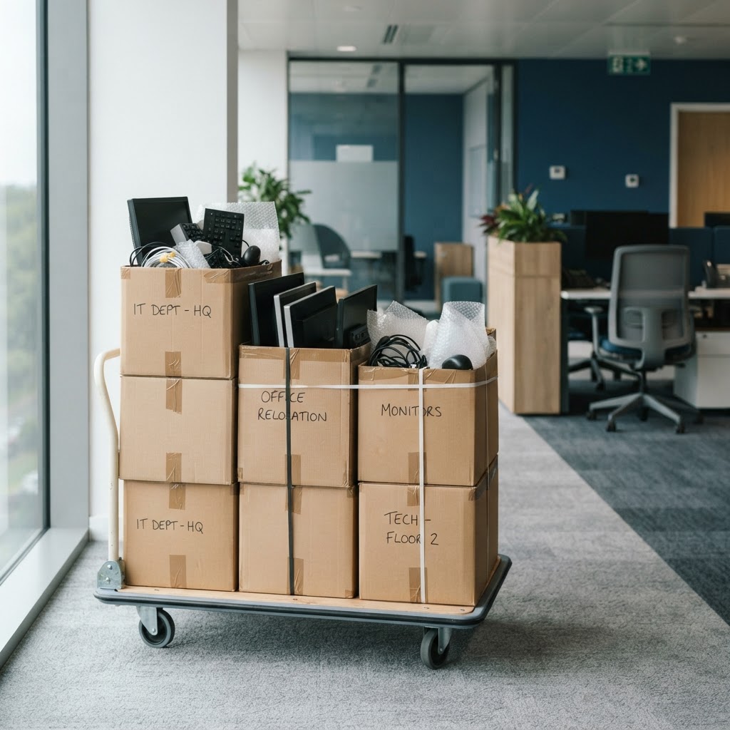 Boxes of IT equipment ready for collection from a UK office in Nottingham