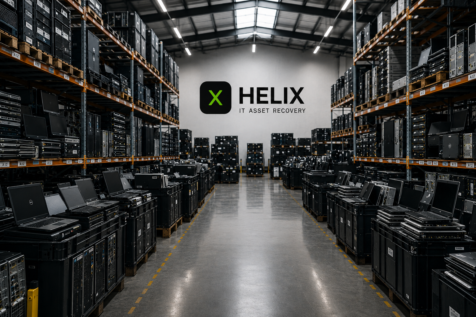 Large modern IT equipment warehouse with rows of organized business laptops and servers
