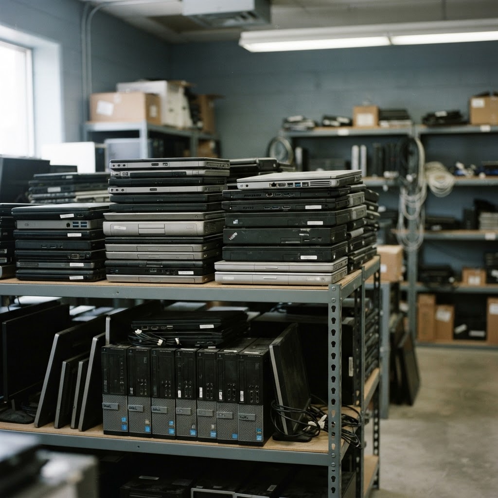 Old business laptops and desktop computers stacked neatly in a corporate storage room