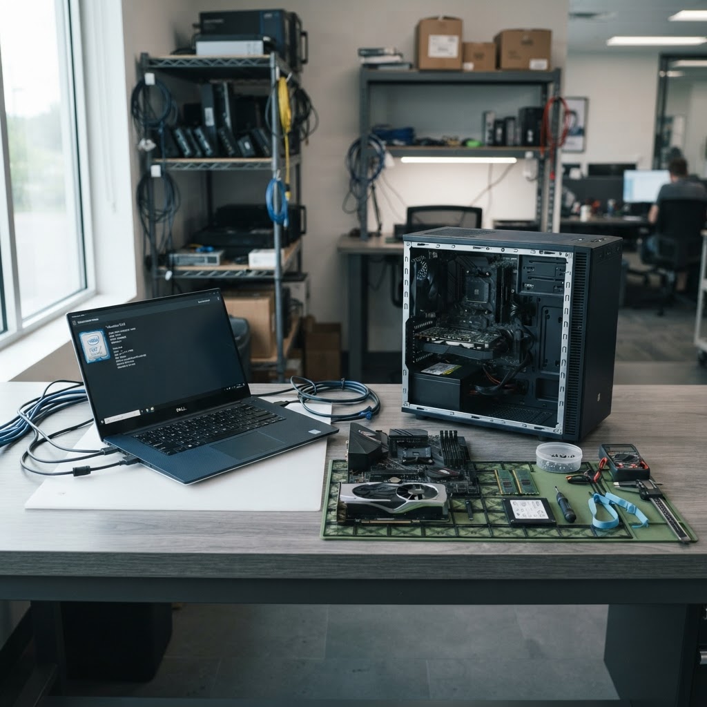 IT equipment being assessed on a clean workbench for valuation