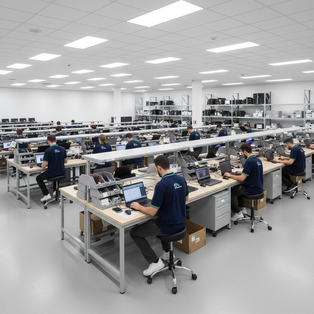 Technicians processing business laptops inside a modern refurbishment warehouse