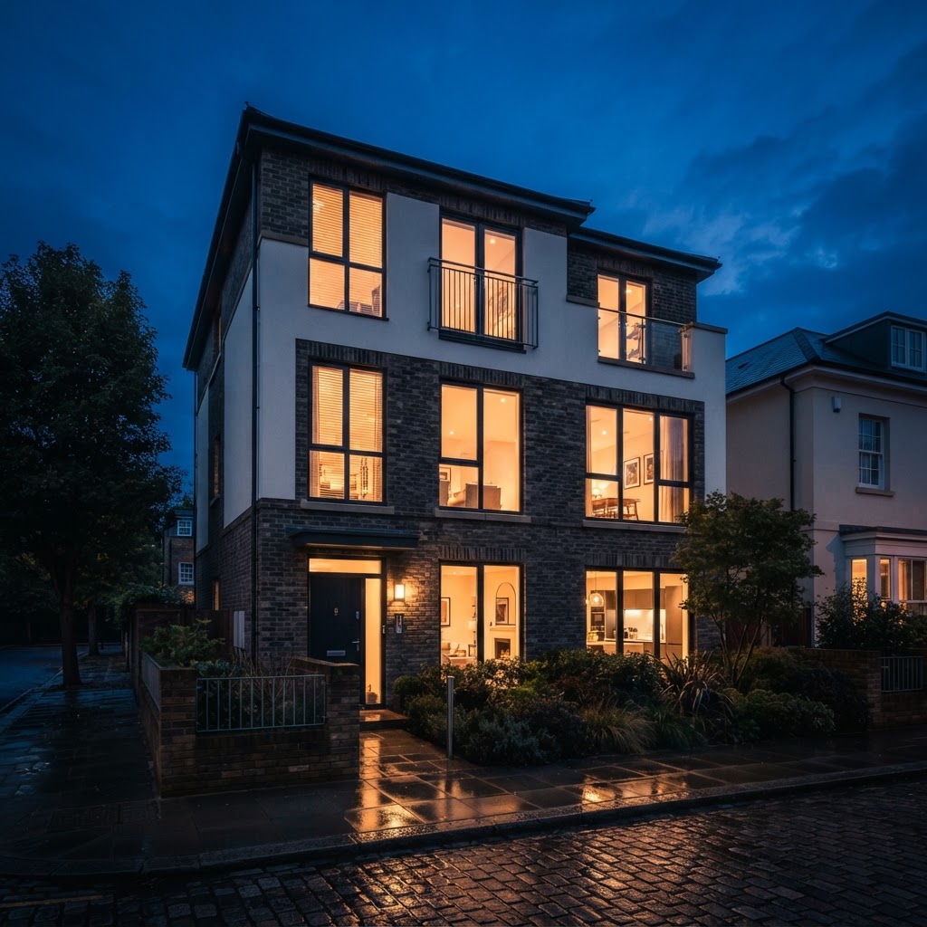 Modern townhouse exterior in soft daylight